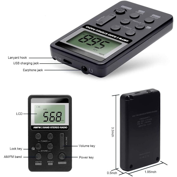 Bærbar AM/FM lommeradio - Mini digital tuning Walkman