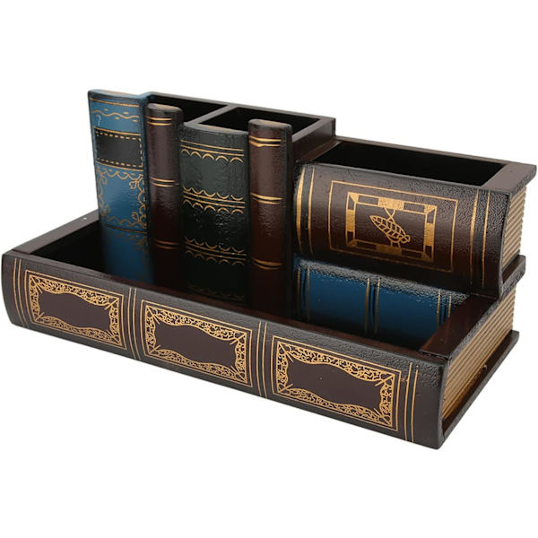 Retro n-hållare, Vintge Fke Book Shd Trä ncil Holder Skrivbordsorganisatör med låda Trä ncil Cup för hemmakontor Studie Librry