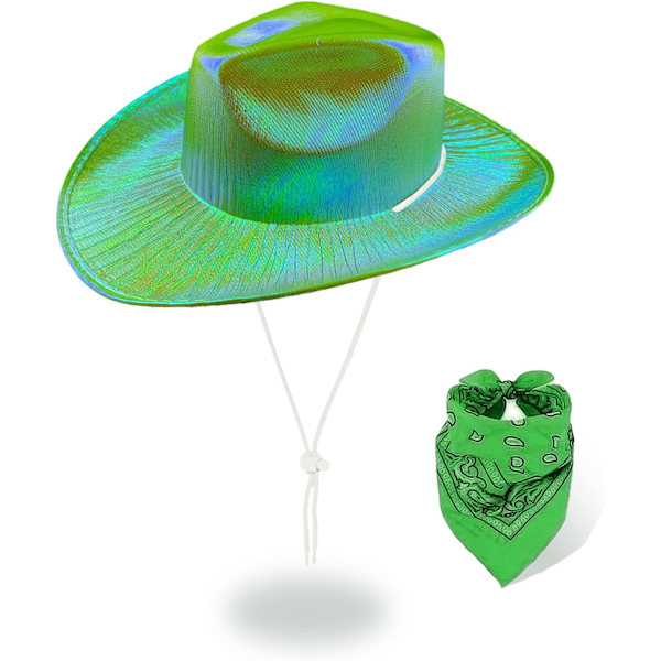 Grön Space Cowgirl hatt med bandana, kvinnor Neon Sparkly