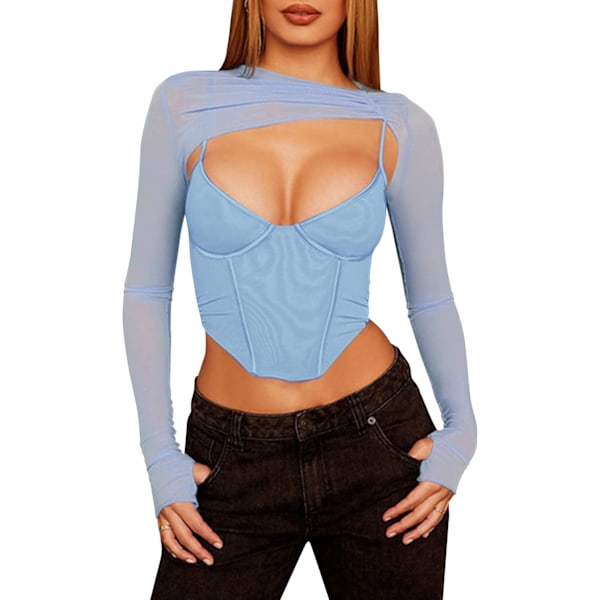 Kvinners Sexy Lang Arm Mesh Crop Top Solid Cover Up Spaghetti Stropp Slim Fit