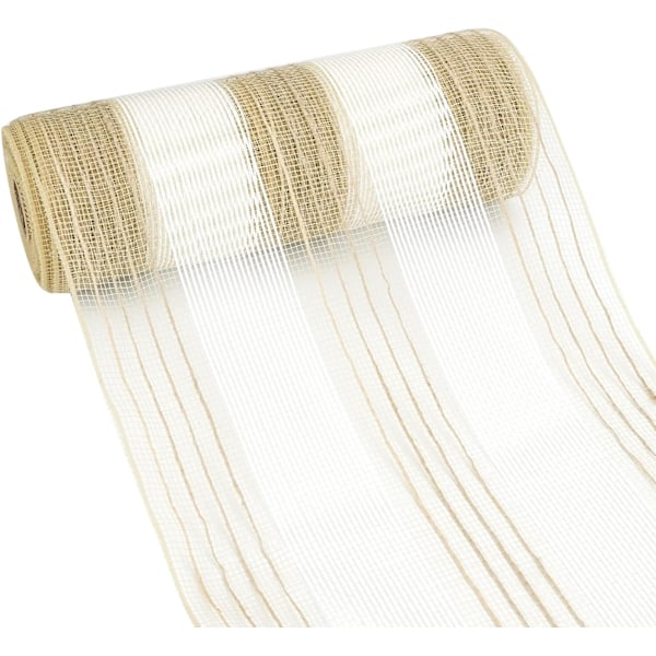 Jute Deco Mesh 10 tum Jute Mesh Band Naturlig och Vit Bred Randig Poly Mesh