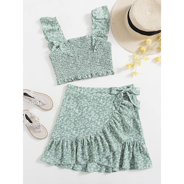 Pigens 2-delt outfit med blomstermønster, ærmeløs crop tanktop