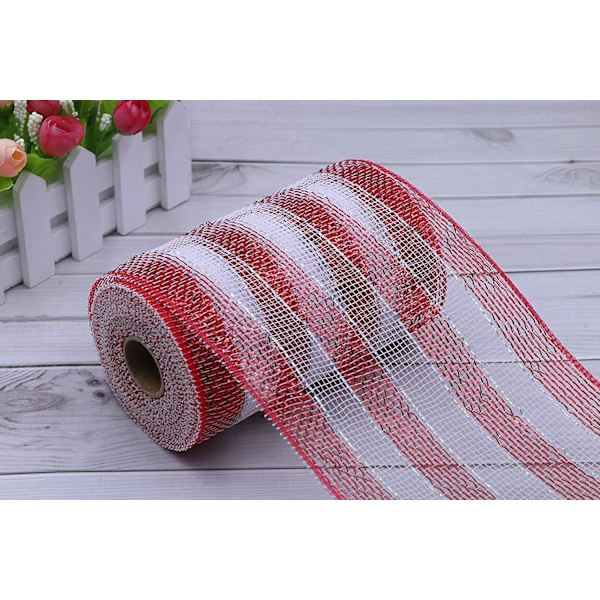 2 pakker 6 tommer metallisk poly mesh bånd (totalt 20 meter, hvid/rød)