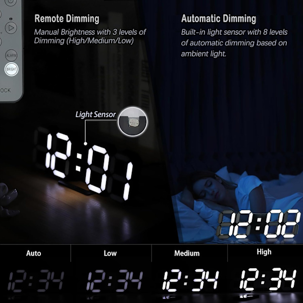 LED vægur til soveværelse 15\" stort digitalt ur til stueindretning Moderne bordur med vækkeur/fjernbetjening/dæmper/tid/dato/temp(sort