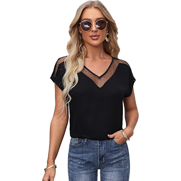 Kvinners Polka Dots Kontrast Mesh Flaggermus Korte Ermer Skjorte Bluse Topp