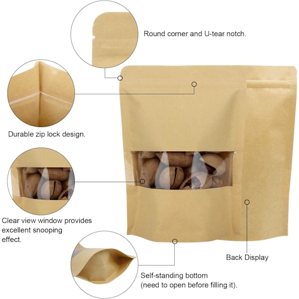50-pack Kraft Stand Up Zip Lock Pouch Bags. Återförslutningsbar påse med