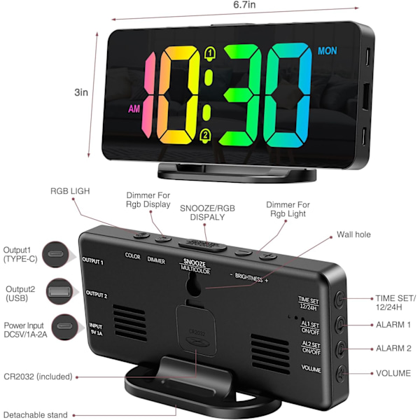 Digital väckarklocka för sovrum, ny version RGB väckarklocka, uppladdningsbar LED-bordsur med 10 RGB nattljus, snooze, 2 larm, justerbar