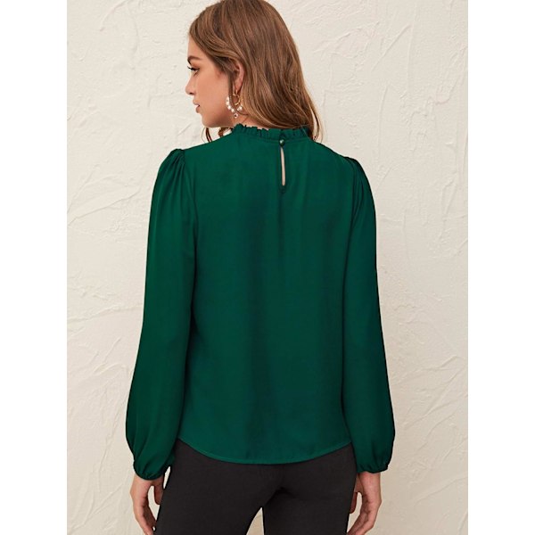 Elegant Mock Neck Bishop Langærmet Plissert Bluse Nøkkelhull Bak Solid Topp for Kvinner