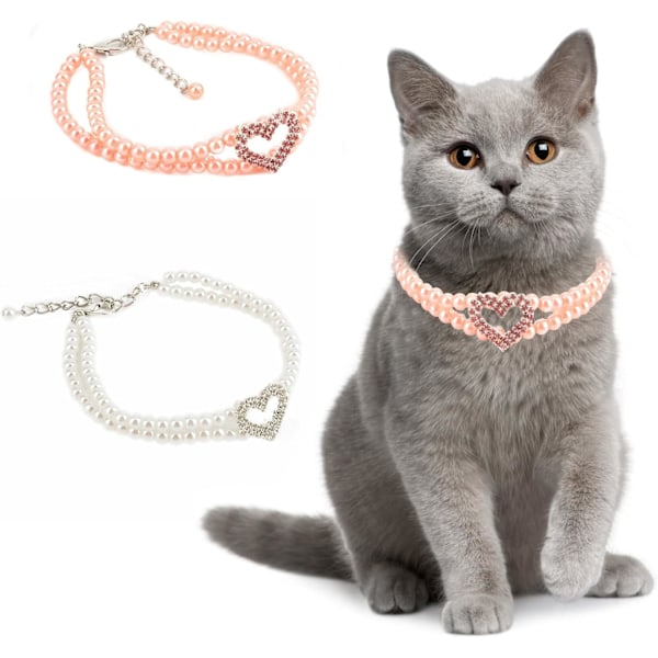 2 rader hund katt pärlhalsband halsband med kristall strass hjärta hänge charm husdjur smycken för hund katt valp kattunge bröllopsklänning accessoarer,