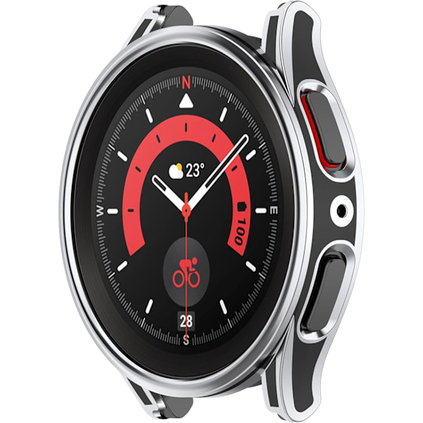 Smartwatch Full Coverage PC Skyddsfodral med Härdat Glas Skärmskydd Kompatibelt med Watch 5 Pro 45mm, Mjukt och Hållbart (Svart+Silver)