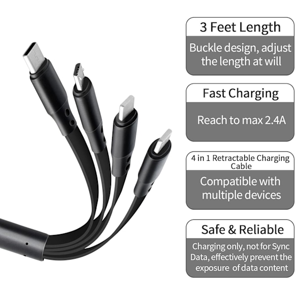Multi Retractable Laddkabel 4-i-1 Multi Laddare Sladd 4A USB