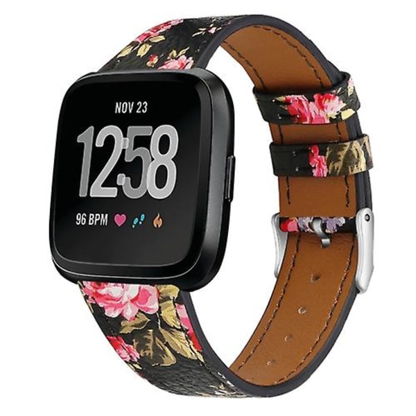 För Fitbit Versa 2 / Fitbit Versa Lite läderklockarmband med runt spänne LPS Black Skin Pink Flower