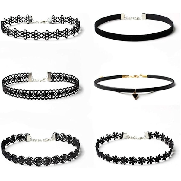 6 stk. svart fløyel choker sett - gotiske tatovering blonder chokers