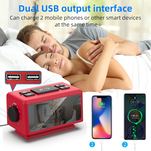 Digitalt vækkeur med 11 dynamisk RGB-display, FM-radiovækkeur med 2 USB-porte, søvnlydmaskiner med timer, 000 % lysdæmper, dobbelt rød