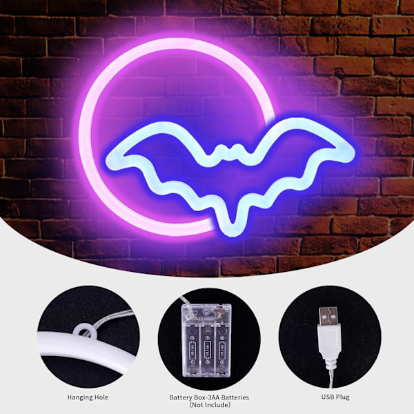 2-pack Halloween Neon Skyltar, Vit Spöke, Blå Fladdermus Fullmåne Neonljus Dekorationer, USB/Batteridriven Led Neon Skylt för Halloween Väggdekor,