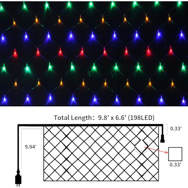 Julgransljus Utomhus Nätljus 9,8ft x 6,6ft 198 LED Flerfärgade Nätljus Plug in Mesh Ljus 8 Lägen Anslutningsbara för Tak Trädgård Gräsmatta