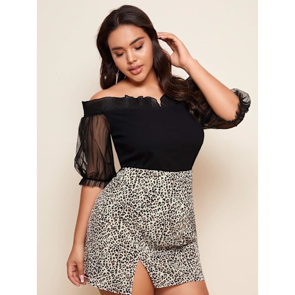 Kvinde Plus Størrelse Off Shoulder Sheer Mesh Puff Korte Ærme Bluse Toppe