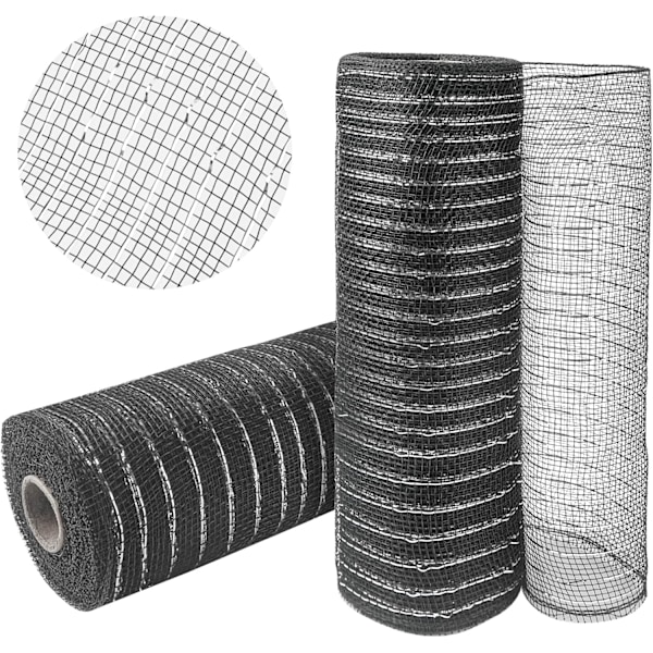 2 Rolls Deco Mesh Ribbon Black with Silver Foil Wire 10 in x 30 ft,Basic