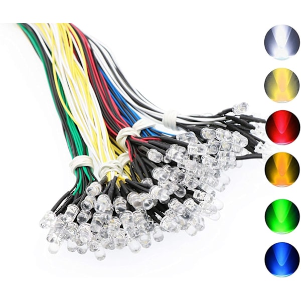120 st förtrådade 12V LED-dioder - 5 mm (röd, gul, grön, blå, vit, varmvit)