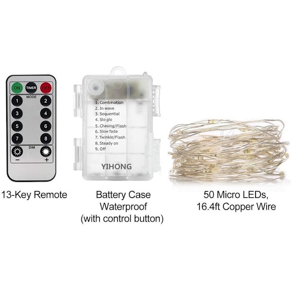 2 Set Julgransljus Batteridrivna, 16ft 50LED, Fjärrkontroll Timer Twinkle String Lights 8 Lägen Silvertråd Firefly Lights för Vit