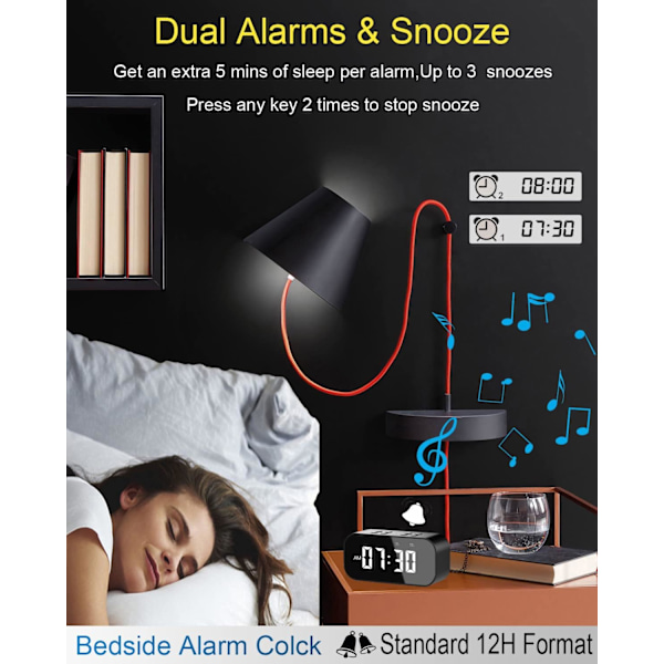 Väckarklocka för sovrum/kontor, digital klocka med Bluetooth-högtalare, liten väckarklocka för tunga sovare vuxna/tonåringar med dubbla alarm, spegel LED