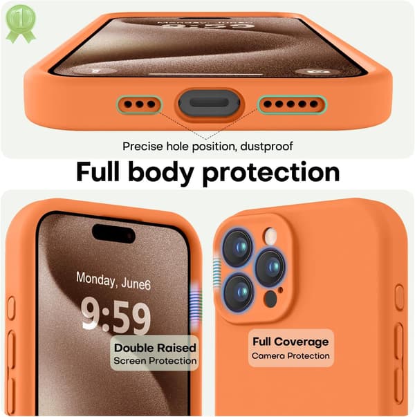 Premium silikondeksel til iPhone 15 Pro med mikrofiberfôr, støtsikkert - Oransje