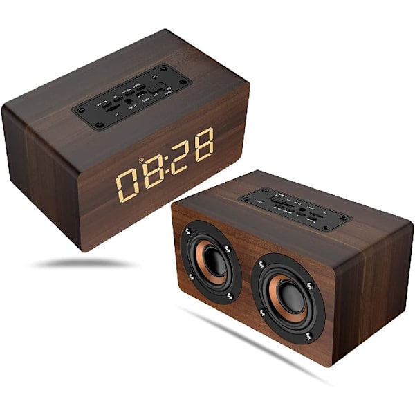 Trådlös Bluetooth-högtalare i trä, retro tung bas musikspelare stödjer FM-radio väckarklocka funktion för hemmakontor idé vänner (brunt korn)
