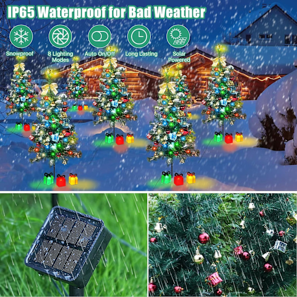 Solcelledrevet mini-juletræ til udendørs dekoration, 30 tommer solcelledrevne trælys med 30 LED 8 blinkende tilstande dekoreret med forlyste gaveæsker og grønt