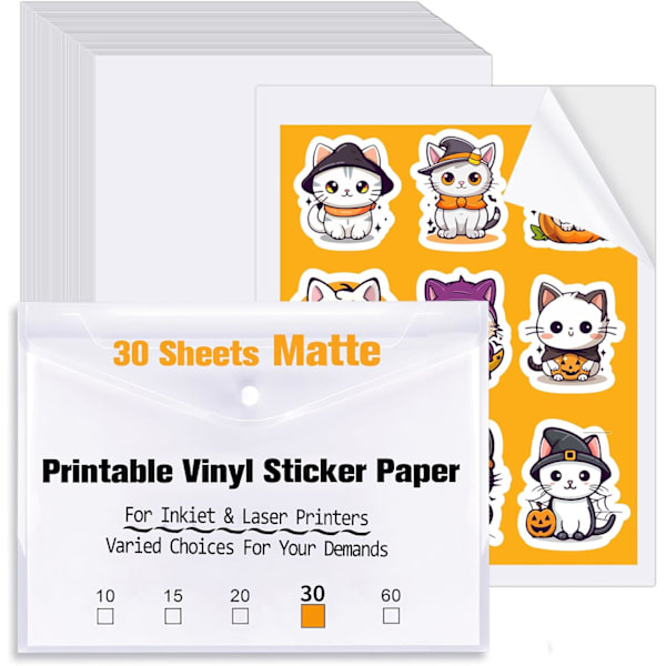Utskrivbart vinylklistermärkepapper - 30 ark, matt vit, 8,5x11