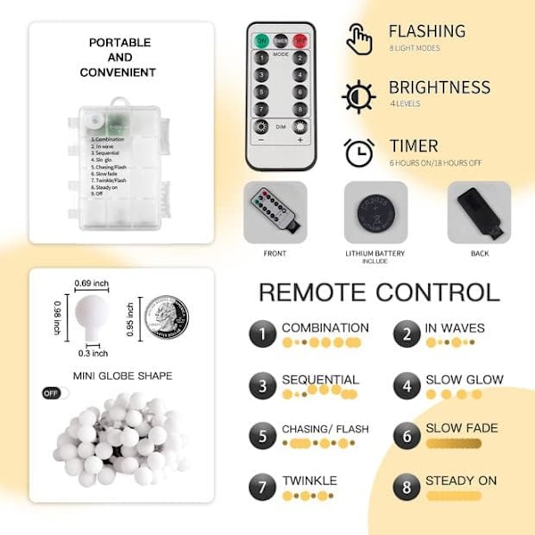 Globe-formede lyslenker til soverom, 50 LED-lyskjede på batteri, innendørs lyslenker til jul, hage, uteplass, fest, soverom,