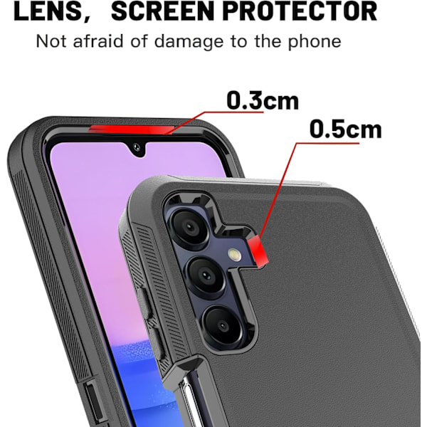 Skal för Galaxy A15 5G med explosionssäker film [2-pack], 3 i 1 Stötsäker TPU Hård PC Stötfångare Fallsäkert Skal för Galaxy A15 5G, Svart Svart