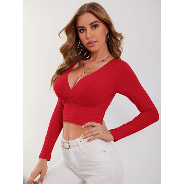 Kvinners dyp V-hals lang ermet kryss wrap crop topper