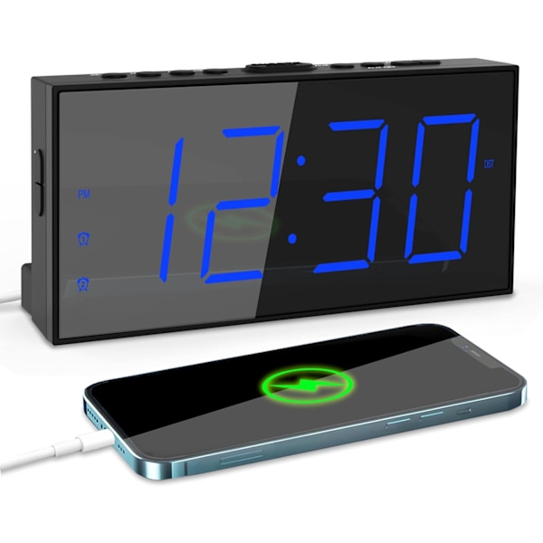 Digitalt vækkeur, højt dobbelt vækkeur til soveværelse, 7,5\" elektronisk stort display med dæmper, USB-oplader, baery-backup, 12/24/DST, digital