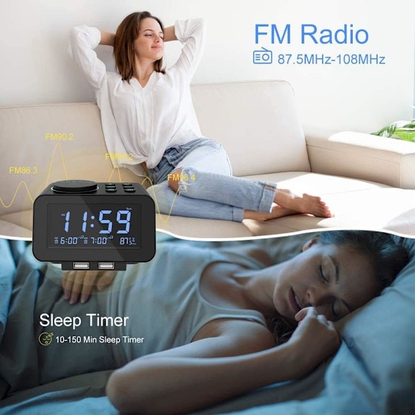 Digital väckarklocka radio-000% dimmer, dubbelalarm i veckodags-/helgläge, 6-tons justerbar volym, FM-radio med sömntimer, snooze, 2 USB