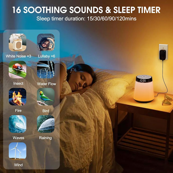 Solopgangs vækkeur, vækkeur med lys, Bluetooth-højttaler med lys, flerfarvet dæmpbar sengelampe til soveværelse, snooze, søvnhjælp, lydmaskine