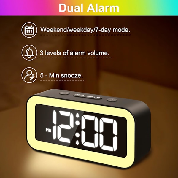Färgglad nattlampa LED digital väckarklocka med superhög dubbelalarm, vardagsläge, snooze, dimmer, USB-laddningsport för vardagsrum, sovrum,