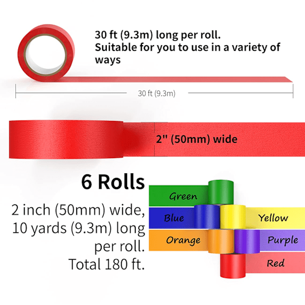 Farvede afdækningstape ruller, 2 tommer bred i alt 180 fod lang, håndværksbånd