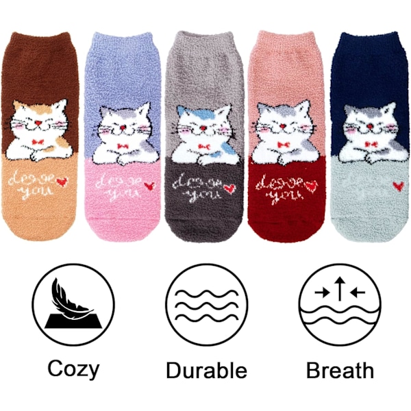 Mjuka strumpor för kvinnor 5 par vintervarma fluffiga tofflor strumpor mjuka söta katt