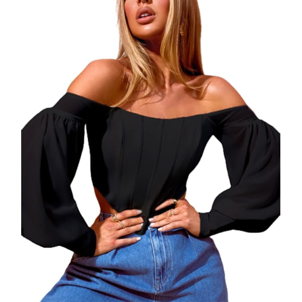 Kvindernes Off Shoulder Sheer Sleeve Korset Top Med Lynlås Bagpå