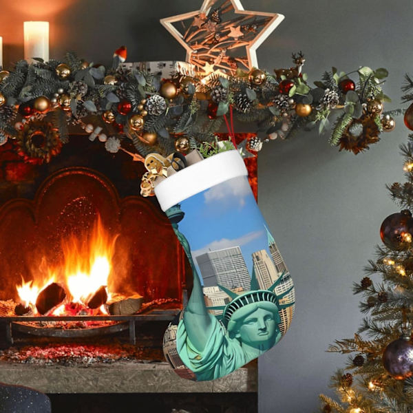 Frihetsgudinnan i NYC Tryckt Julstrumpa Julpynt Eldstadshängande Julstrumpor för Familj Semester Julparty Dekorationer 45 X 28 Cm