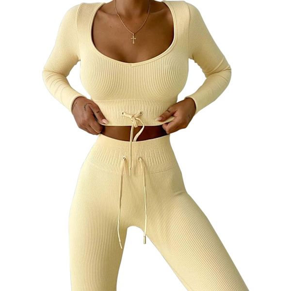 Träningsset för kvinnor 2 delar sömlös långärmad crop top ribbad hög