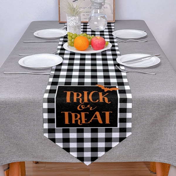 Trick Or Treat Bordsduk resser Scarves Bat Svart Buffalo Check Halloween Bordsdekorationer Perfekt för Fester & Sammankomster Läskiga Filmkvällar T