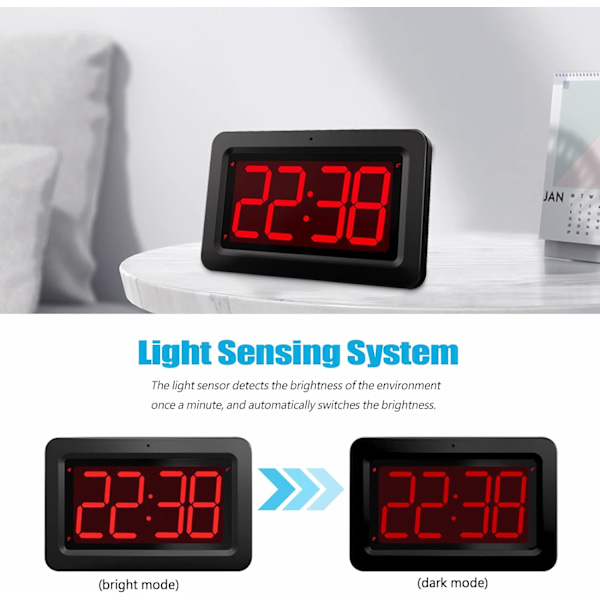 Väggklocka, 3 \"LED-digitalklocka Stor display, Batteridriven eller huvudströmsförsörjning, Svagt ljus Stör inte sömnen och Svart