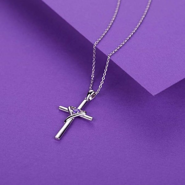 925 Sterling Silver Korshalsband - 5A CZ Födelsestenshänge, 14K Gul- eller Roséguldpläterat - Unisex Semester- och Resepresent, Februari - Ametist