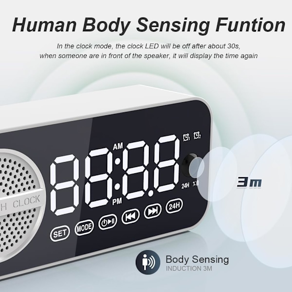 Digital LED-väckarklocka med trådlös högtalare, dubbla  för sovrum/tunga sovare/vuxna/tonåringar, Bluetooth-högtalare stödjer TF-kortuppspelning FM-radio