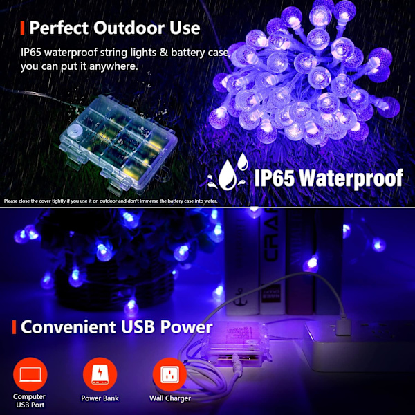 Batteridrivna UV-svartljus med fjärrkontroll och timer, 16,4 fot 50 LED UV-kristallglobbubbla USB-slingljus, 8 lägen blinkande