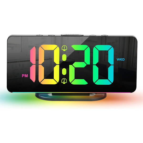 för sovrum, stor digital LED-display med 10 färgers nattlampa, 2 USB-portar, dimmer, dubbel alarm, enkel att ställa in för barn tonåringar pojkar flickor svart