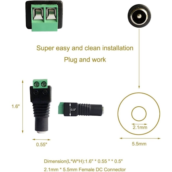 10 par i pakke 5,5 mm x 2,1 mm 12V DC-strøm - han- og hunstik