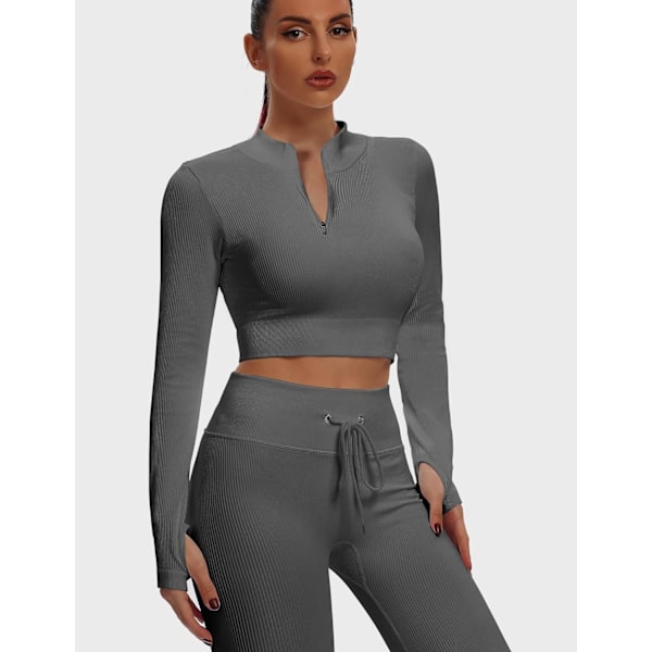 Sömlös 2-delad outfit för kvinnor Ribbad långärmad dragkedja framtill Crop Top + Hög