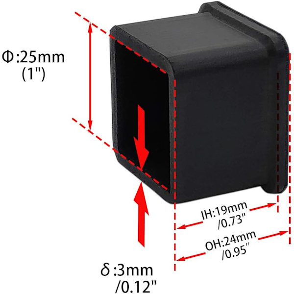 Kvadratiska halkfria gummibenspetsar stolsbensskydd möbelgolvskydd 1 tum x 1 tum, 25 x 25 mm svart 10 st svart gummi 1 tum x 1 tum